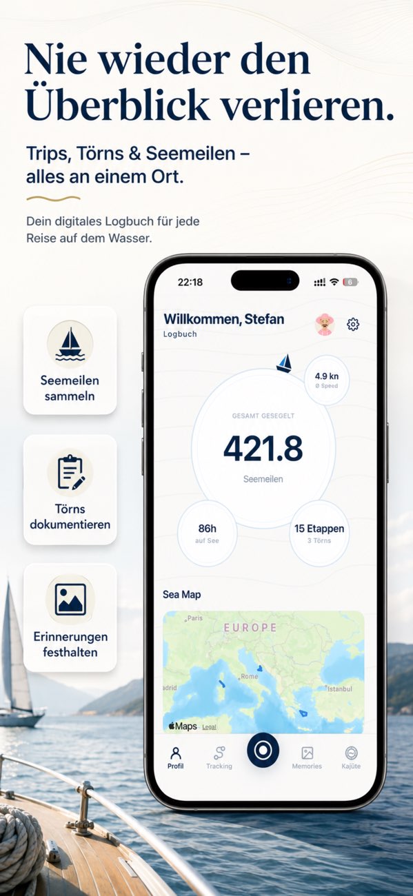 Seemeilen-Übersicht im Sailor-Profil: gesegelte Seemeilen, Stunden auf See und Etappen