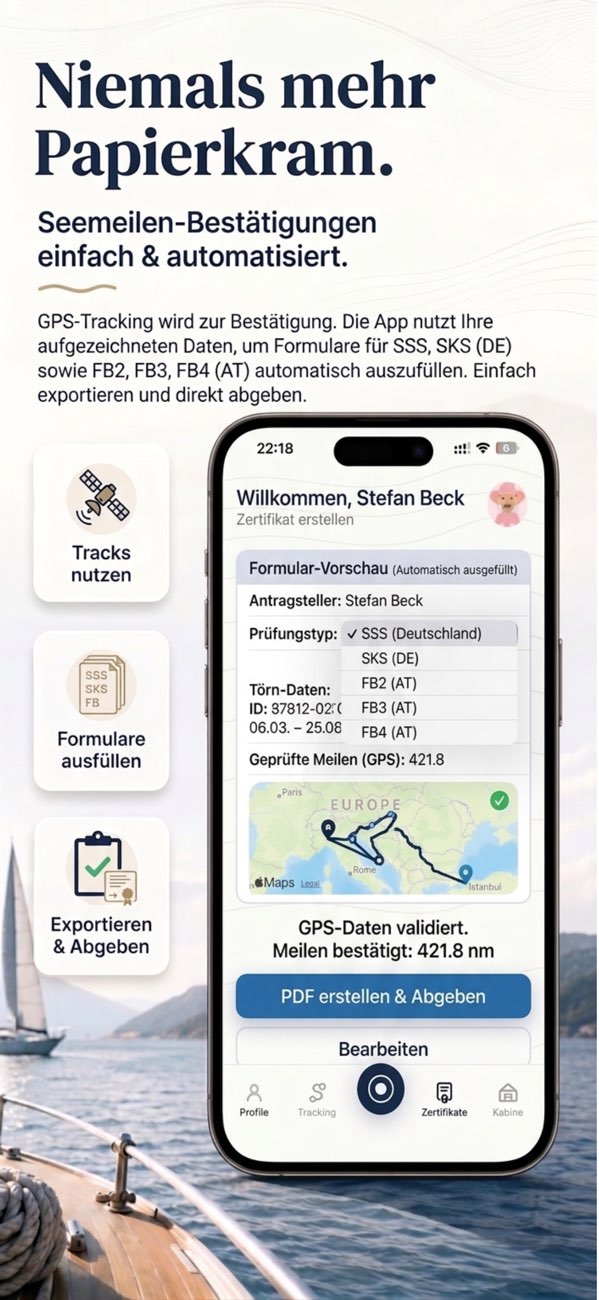 SeaMemo App: automatisch ausgefüllte Seemeilenbestätigung für SSS, SKS, FB2, FB3 und FB4 mit PDF-Export