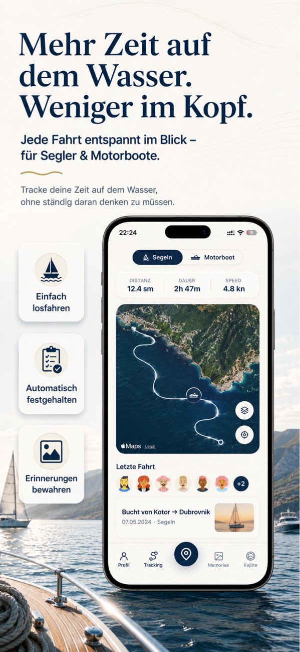 GPS-Törn-Tracking mit Distanz in Seemeilen, Dauer und Geschwindigkeit für Segel- und Motorboot