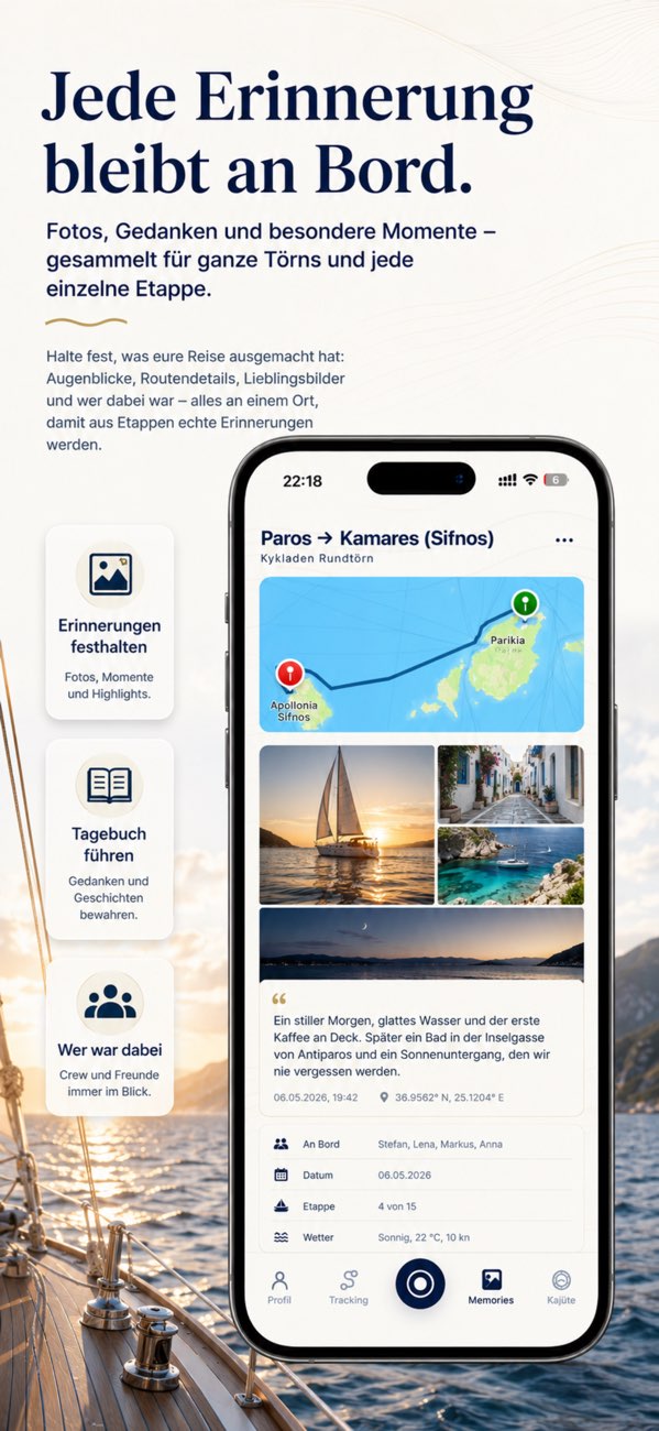 Digitales Logbuch mit Fotos, Journaleinträgen, Crew und Wetter pro Etappe