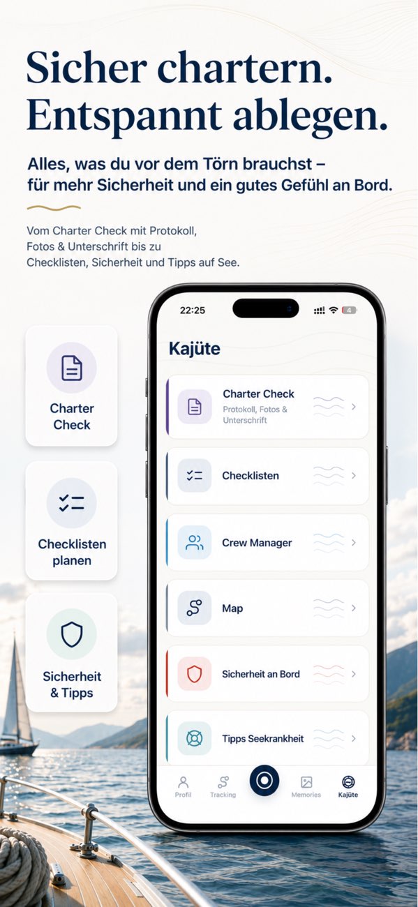 Kajüte mit Charter Check, Checklisten, Crew Manager und Sicherheit an Bord